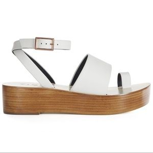 TIBI Janie White Leather Toe Ring Wood Platform Strappy Ankle Wrap Sandals